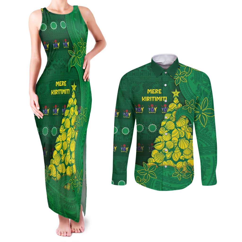 Cook Islands Christmas Couples Matching Tank Maxi Dress and Long Sleeve Button Shirt Seashell Xmas Tree Tribal Waves - Polynesian Pride