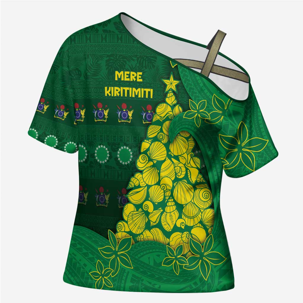 Cook Islands Christmas Cross Shoulder Shirt Seashell Xmas Tree Tribal Waves - Polynesian Pride