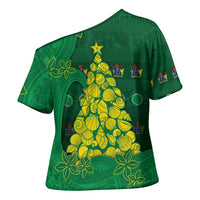 Cook Islands Christmas Cross Shoulder Shirt Seashell Xmas Tree Tribal Waves - Polynesian Pride