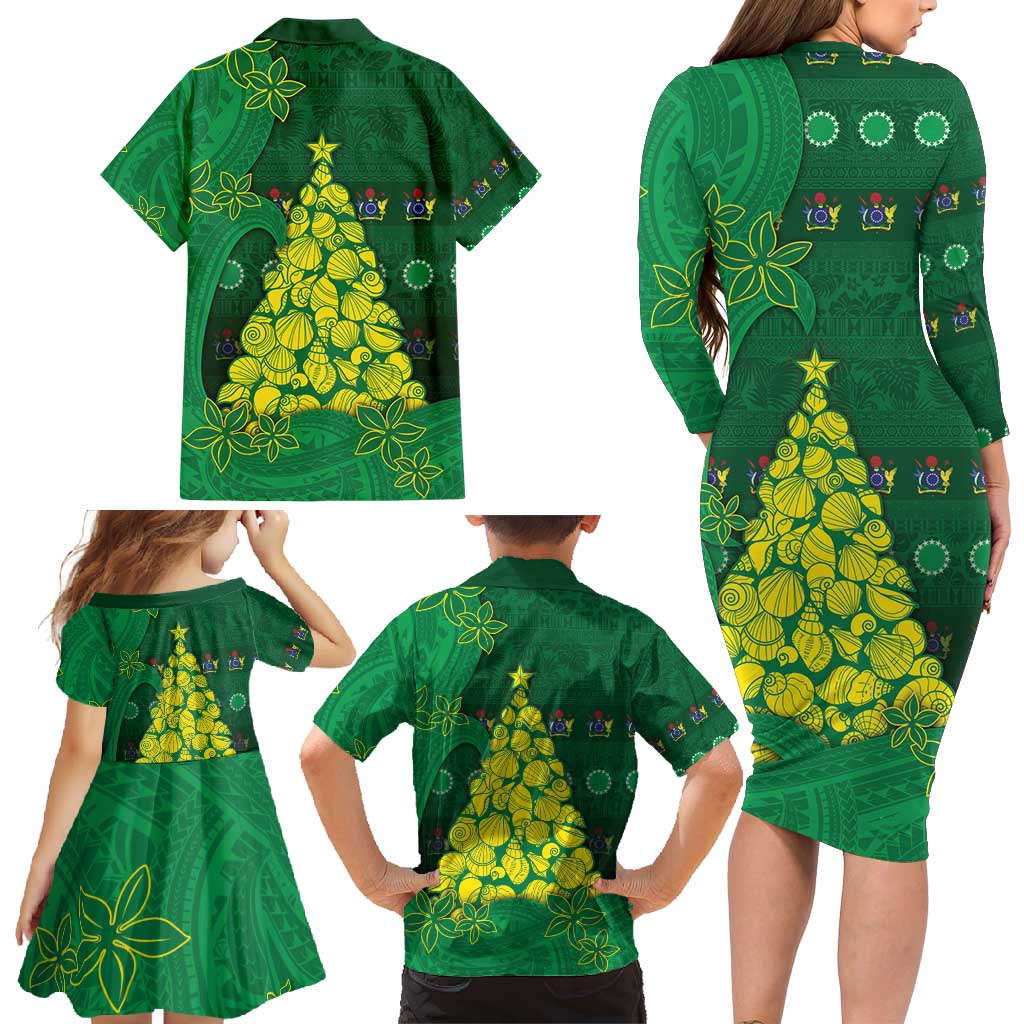 Cook Islands Christmas Family Matching Long Sleeve Bodycon Dress and Hawaiian Shirt Seashell Xmas Tree Tribal Waves - Polynesian Pride