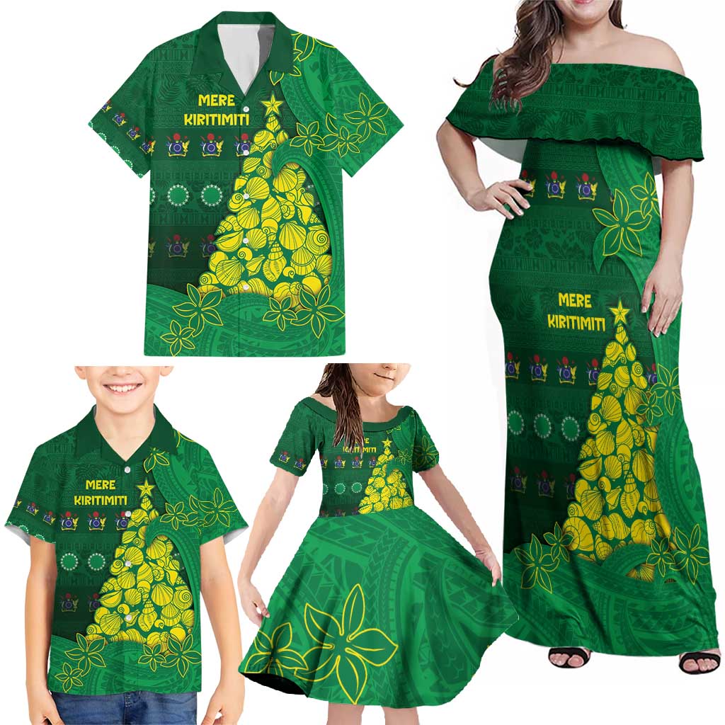 Cook Islands Christmas Family Matching Off Shoulder Maxi Dress and Hawaiian Shirt Seashell Xmas Tree Tribal Waves - Polynesian Pride