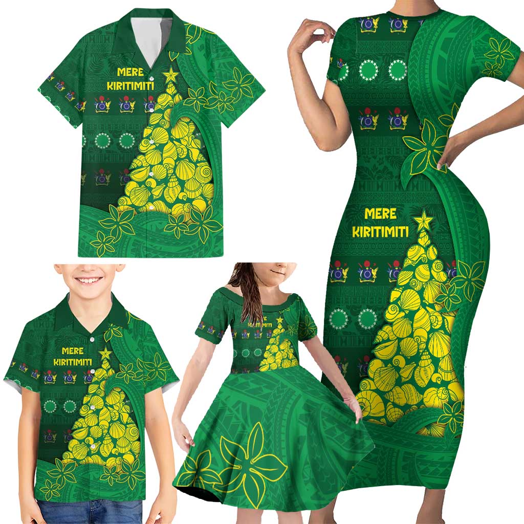 Cook Islands Christmas Family Matching Short Sleeve Bodycon Dress and Hawaiian Shirt Seashell Xmas Tree Tribal Waves - Polynesian Pride
