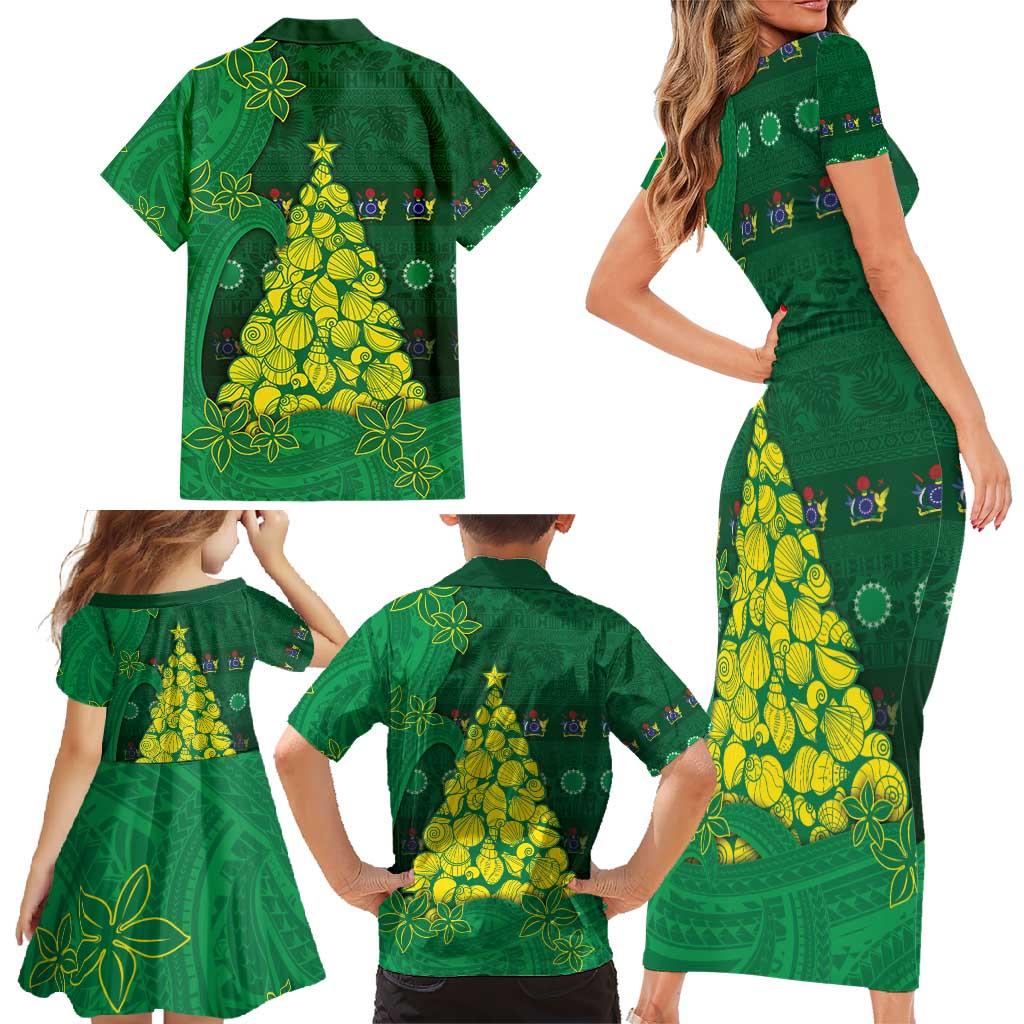 Cook Islands Christmas Family Matching Short Sleeve Bodycon Dress and Hawaiian Shirt Seashell Xmas Tree Tribal Waves - Polynesian Pride