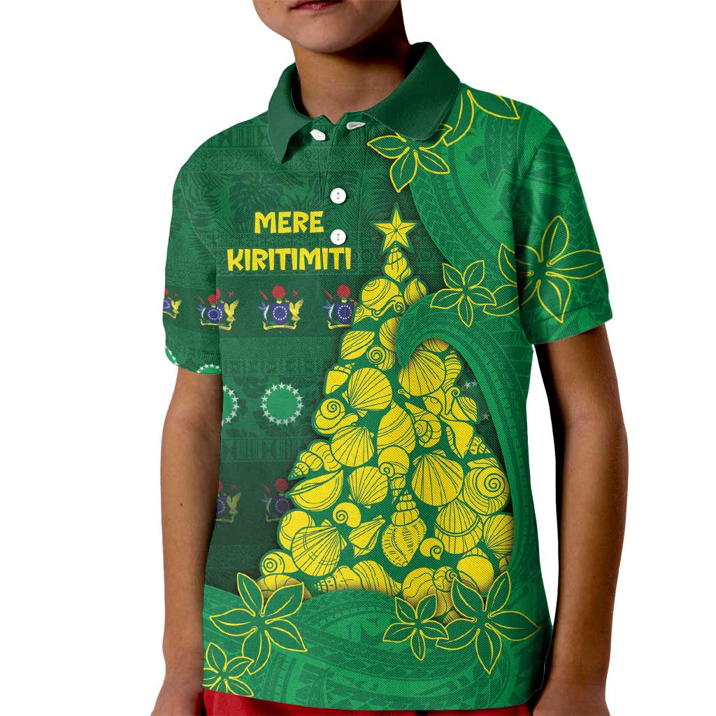 Cook Islands Christmas Kid Polo Shirt Seashell Xmas Tree Tribal Waves - Polynesian Pride