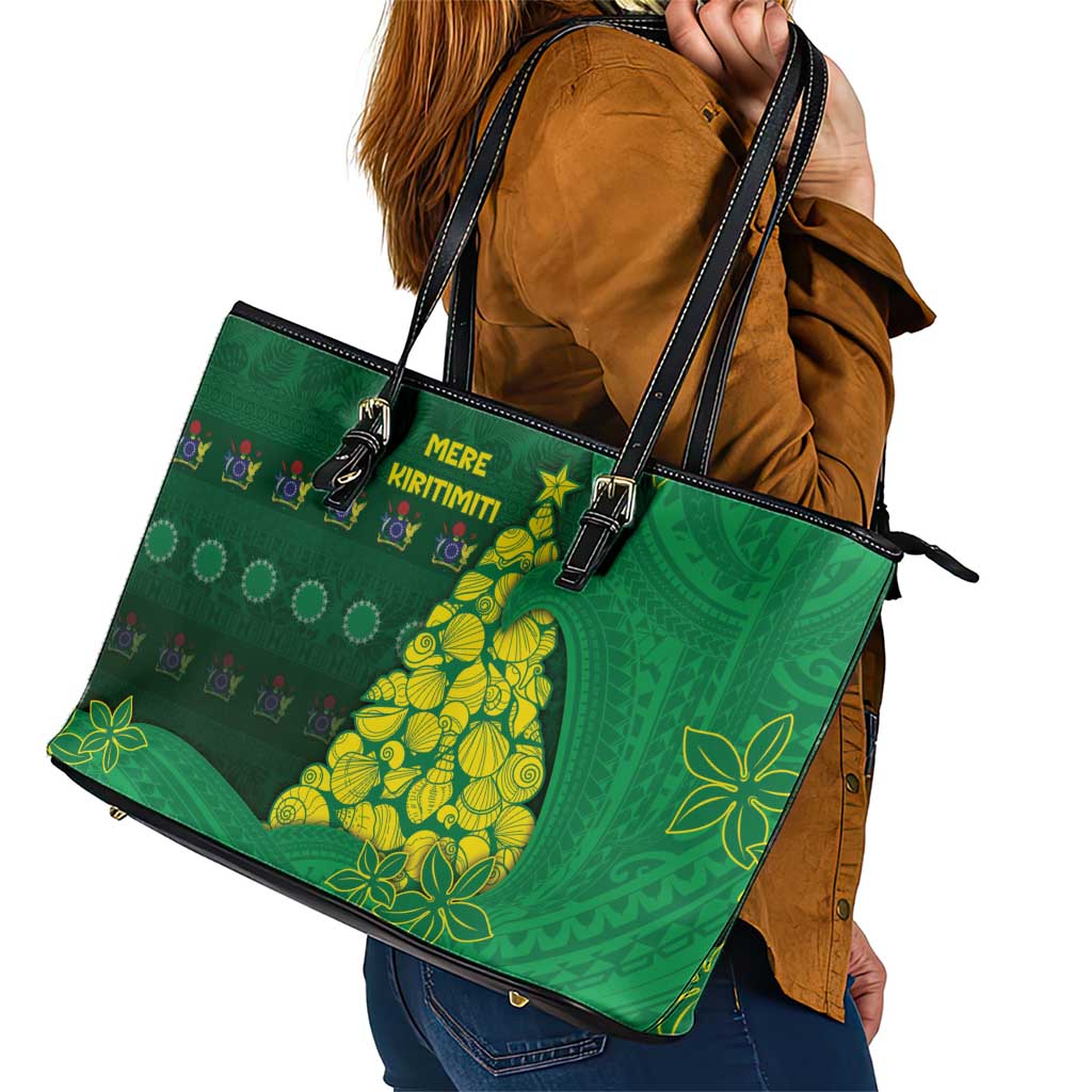 Cook Islands Christmas Leather Tote Bag Seashell Xmas Tree Tribal Waves - Polynesian Pride