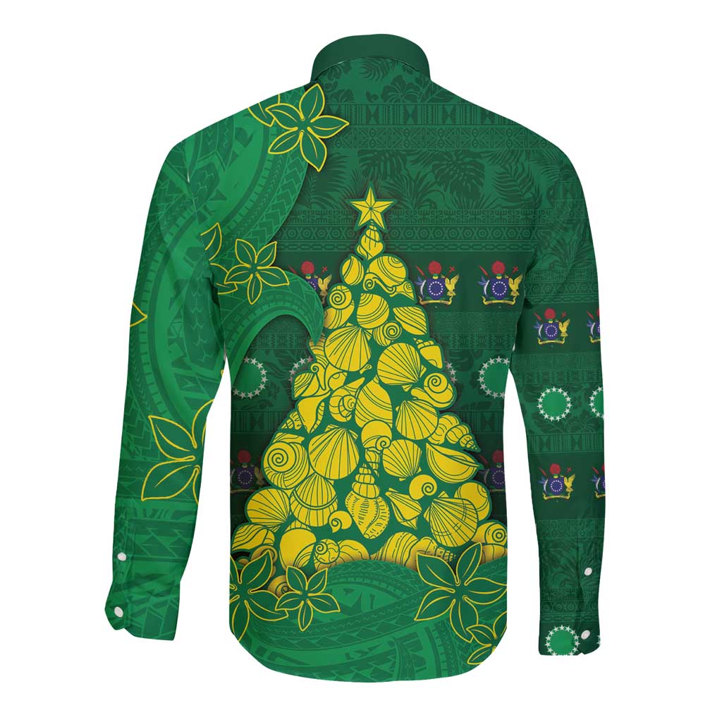 Cook Islands Christmas Long Sleeve Button Shirt Seashell Xmas Tree Tribal Waves - Polynesian Pride