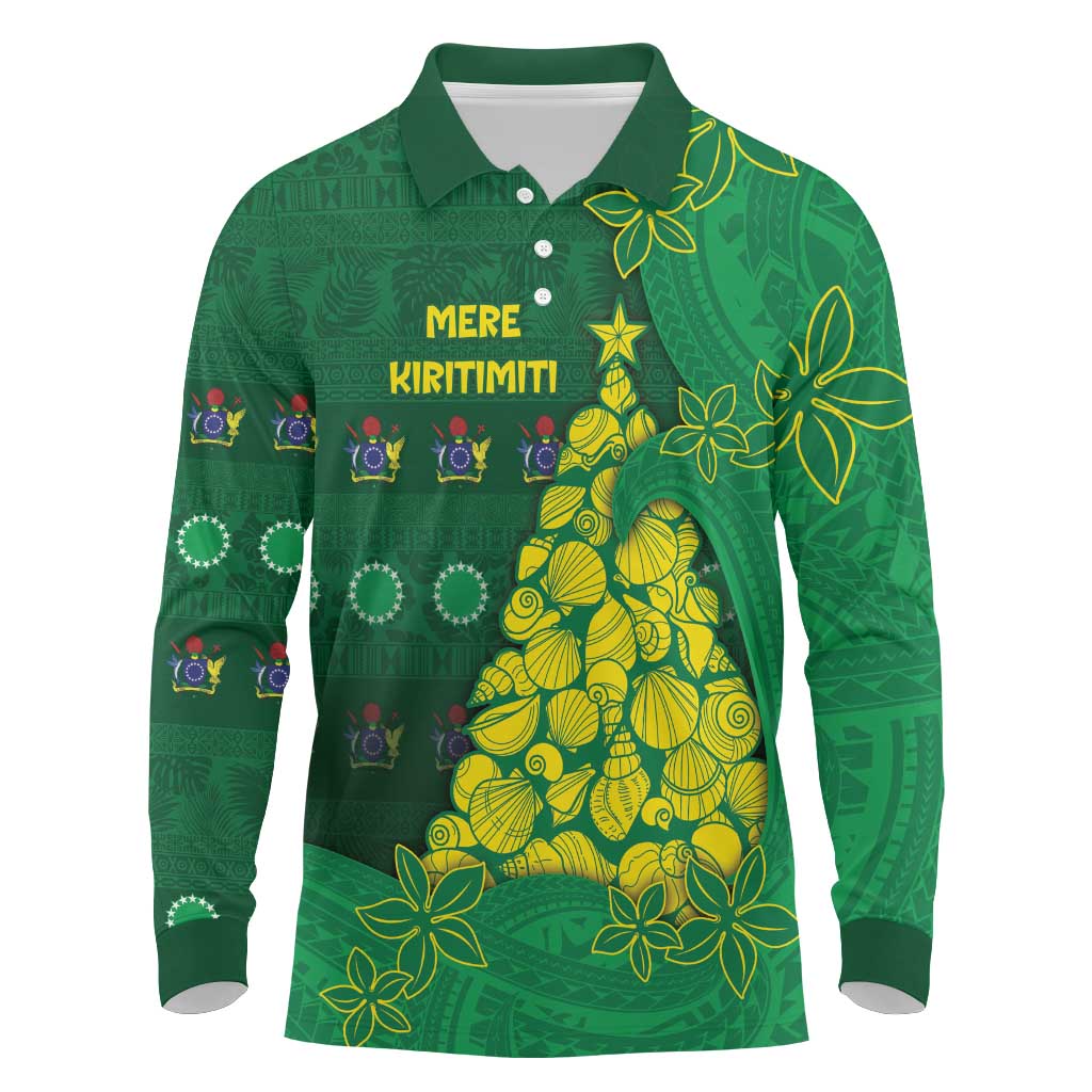 Cook Islands Christmas Long Sleeve Polo Shirt Seashell Xmas Tree Tribal Waves - Polynesian Pride
