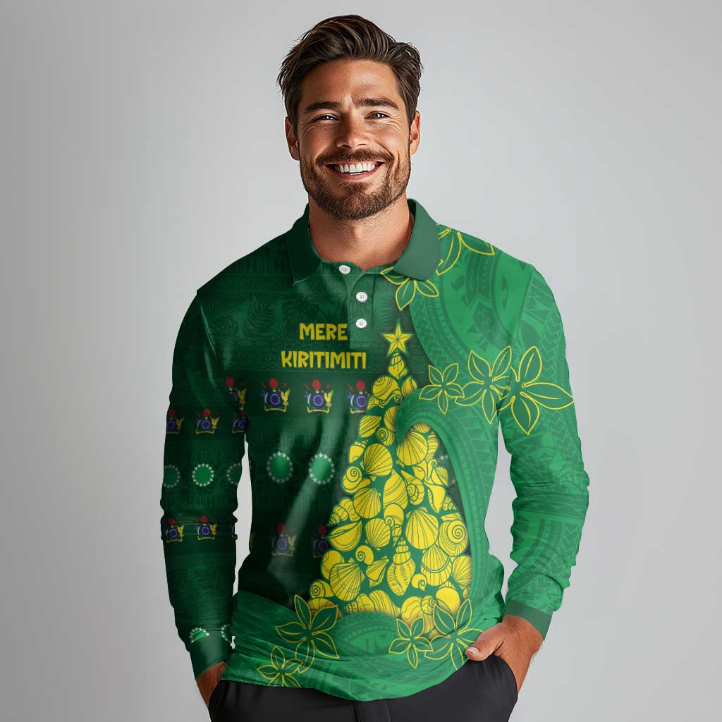 Cook Islands Christmas Long Sleeve Polo Shirt Seashell Xmas Tree Tribal Waves - Polynesian Pride