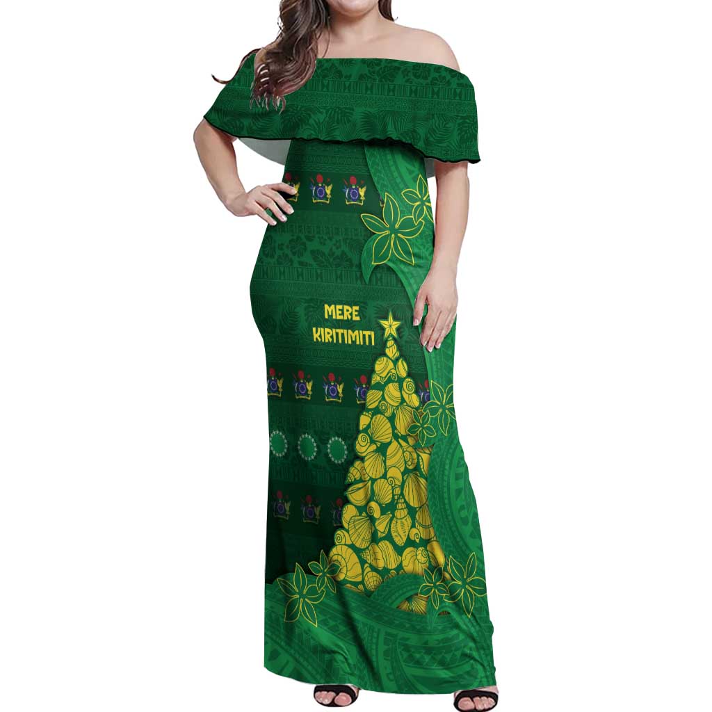 Cook Islands Christmas Off Shoulder Maxi Dress Seashell Xmas Tree Tribal Waves - Polynesian Pride