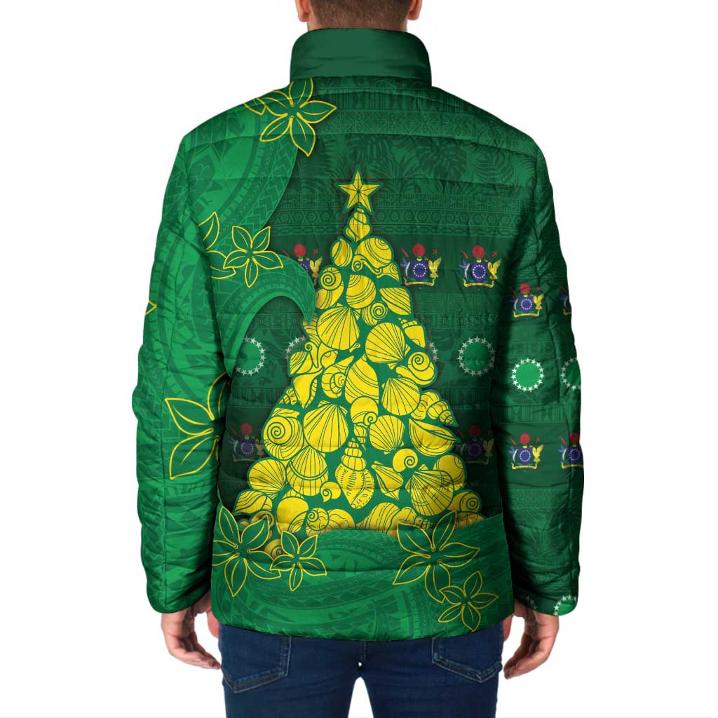 Cook Islands Christmas Padded Jacket Seashell Xmas Tree Tribal Waves - Polynesian Pride