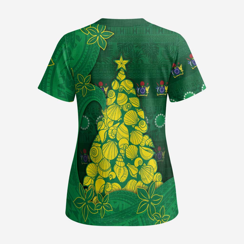 Cook Islands Christmas Scrub Top Seashell Xmas Tree Tribal Waves - Polynesian Pride