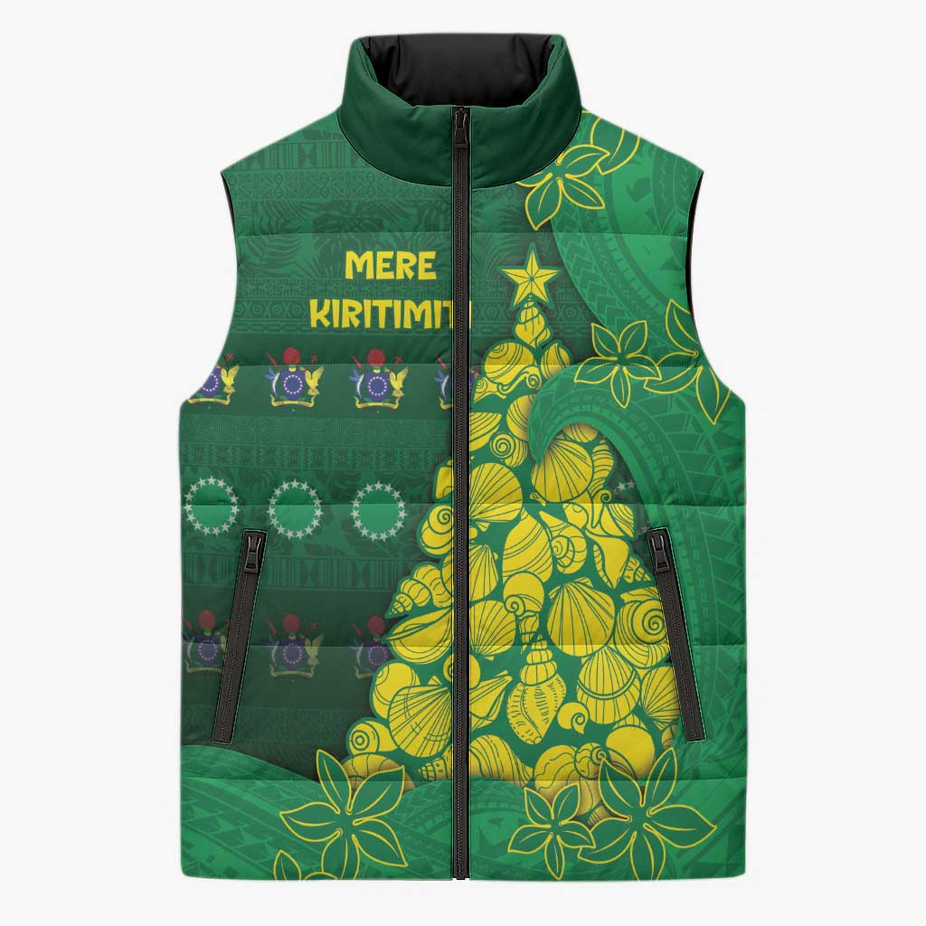 Cook Islands Christmas Sleeveless Puffer Jacket Seashell Xmas Tree Tribal Waves - Polynesian Pride