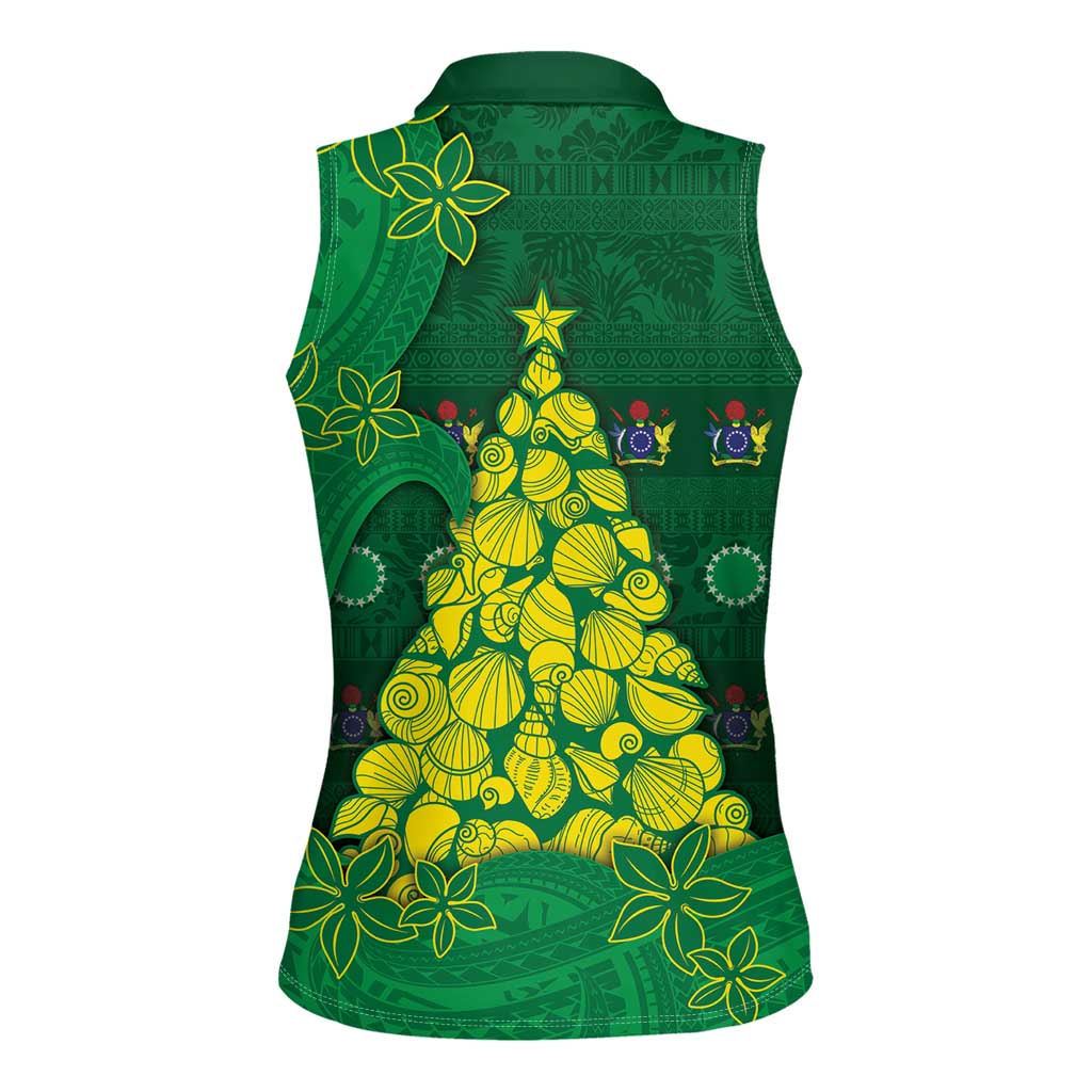Cook Islands Christmas Women Sleeveless Polo Shirt Seashell Xmas Tree Tribal Waves - Polynesian Pride