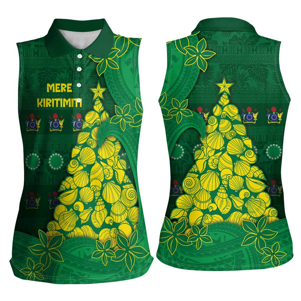 Cook Islands Christmas Women Sleeveless Polo Shirt Seashell Xmas Tree Tribal Waves - Polynesian Pride