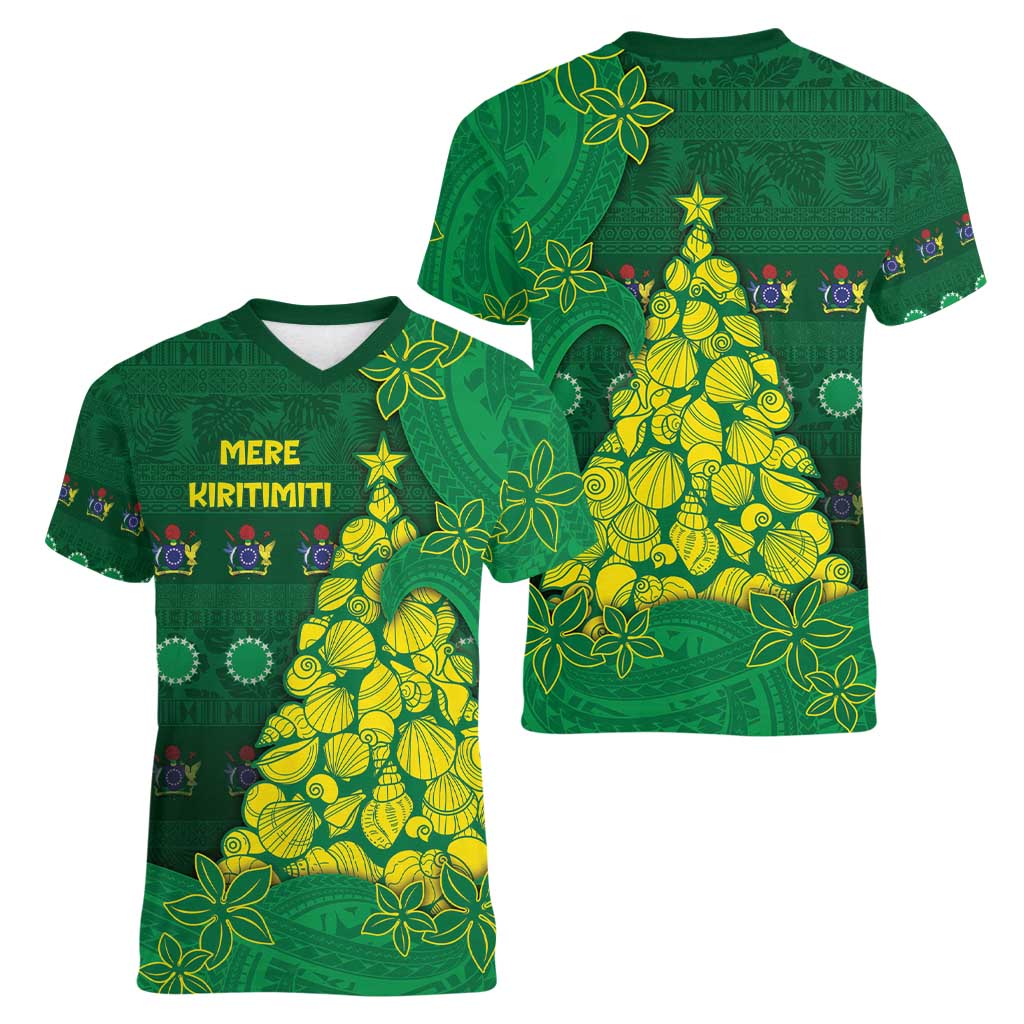 Cook Islands Christmas Women V-Neck T-Shirt Seashell Xmas Tree Tribal Waves - Polynesian Pride