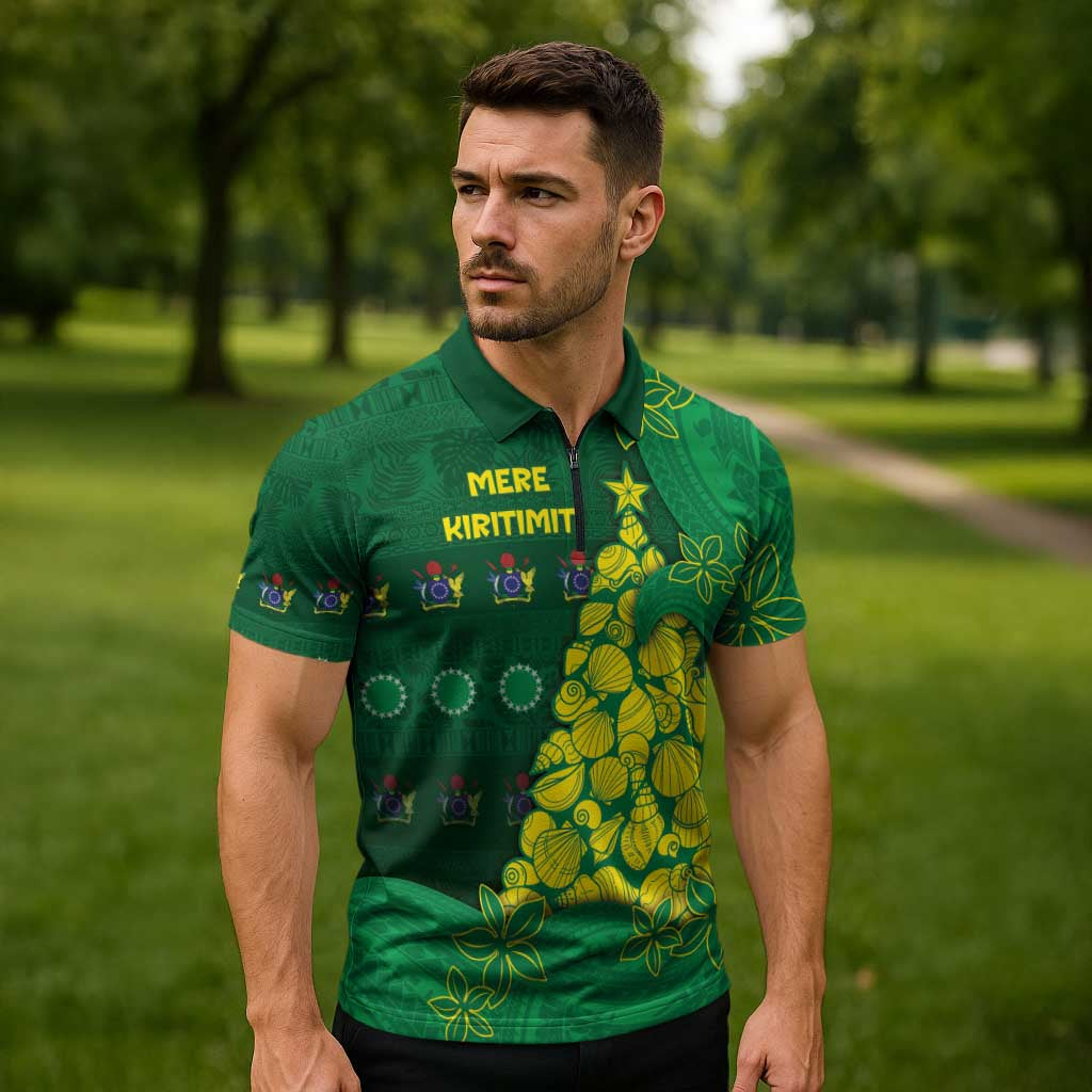 Cook Islands Christmas Zipper Polo Shirt Seashell Xmas Tree Tribal Waves - Polynesian Pride