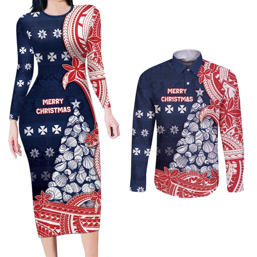 Wallis And Futuna Christmas Couples Matching Long Sleeve Bodycon Dress and Long Sleeve Button Shirt Seashell Xmas Tree Tribal Waves - Polynesian Pride