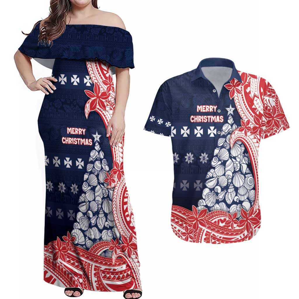 Wallis And Futuna Christmas Couples Matching Off Shoulder Maxi Dress and Hawaiian Shirt Seashell Xmas Tree Tribal Waves - Polynesian Pride