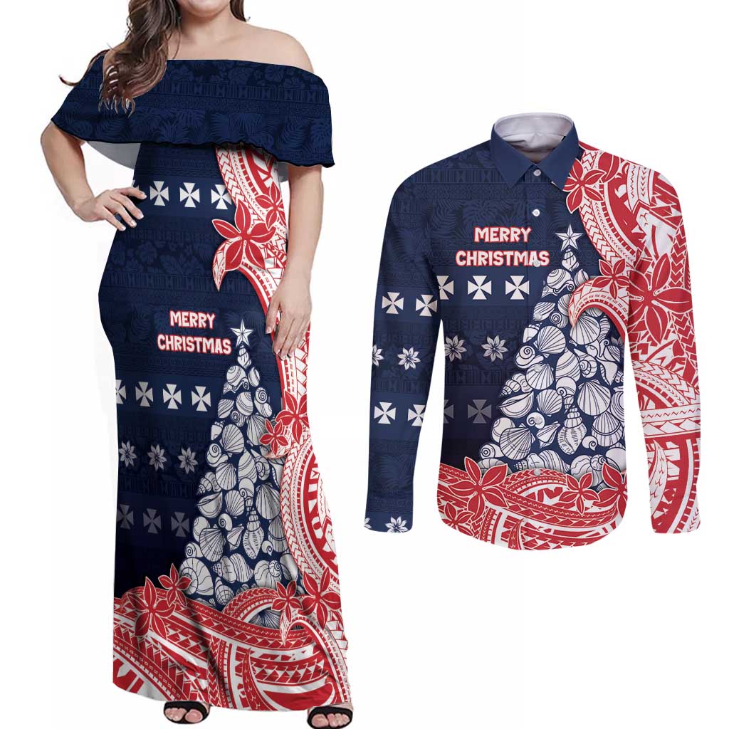 Wallis And Futuna Christmas Couples Matching Off Shoulder Maxi Dress and Long Sleeve Button Shirt Seashell Xmas Tree Tribal Waves - Polynesian Pride