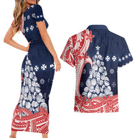 Wallis And Futuna Christmas Couples Matching Short Sleeve Bodycon Dress and Hawaiian Shirt Seashell Xmas Tree Tribal Waves - Polynesian Pride