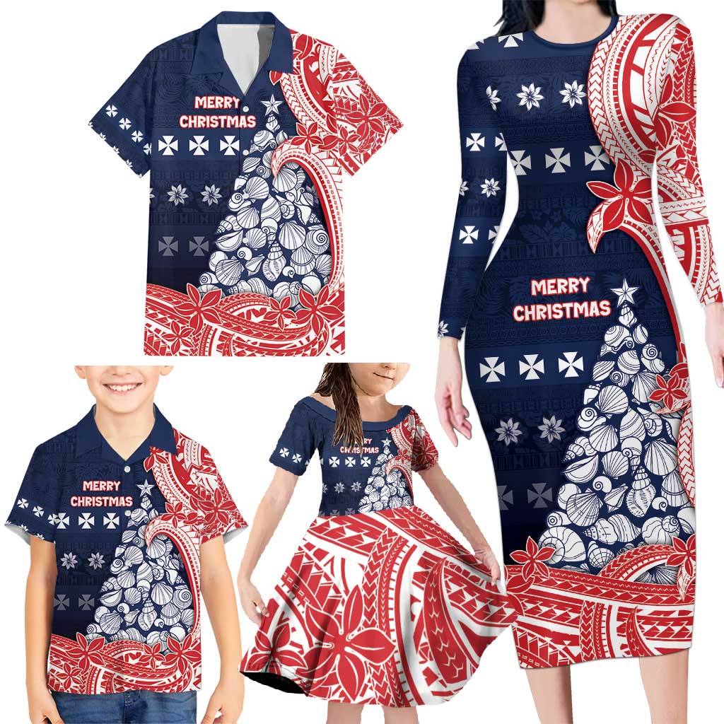 Wallis And Futuna Christmas Family Matching Long Sleeve Bodycon Dress and Hawaiian Shirt Seashell Xmas Tree Tribal Waves - Polynesian Pride