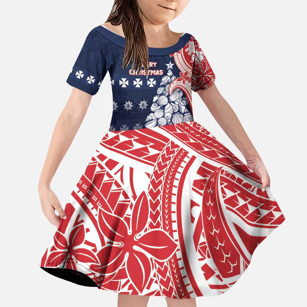 Wallis And Futuna Christmas Kid Short Sleeve Dress Seashell Xmas Tree Tribal Waves - Polynesian Pride
