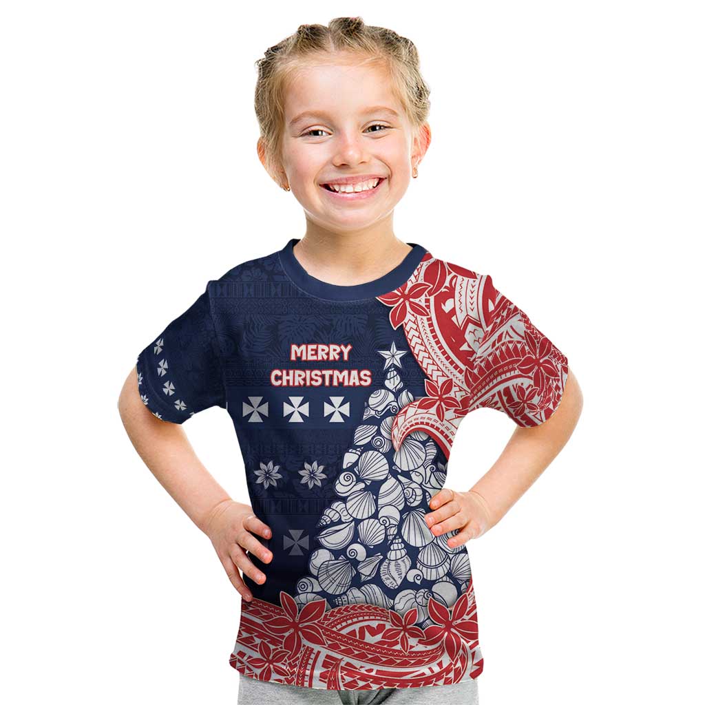 Wallis And Futuna Christmas Kid T Shirt Seashell Xmas Tree Tribal Waves - Polynesian Pride