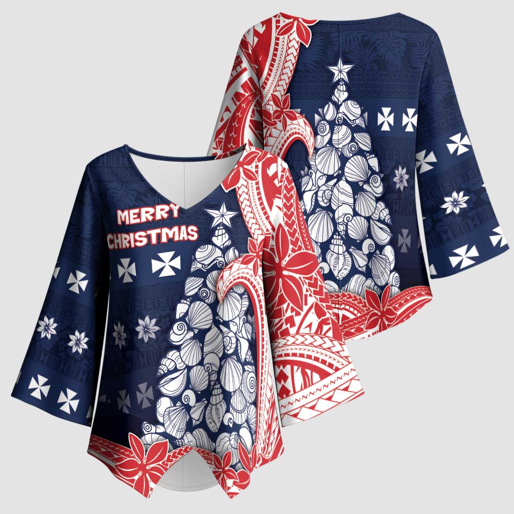 Wallis And Futuna Christmas Kimono Sleeve Blouse Seashell Xmas Tree Tribal Waves - Polynesian Pride
