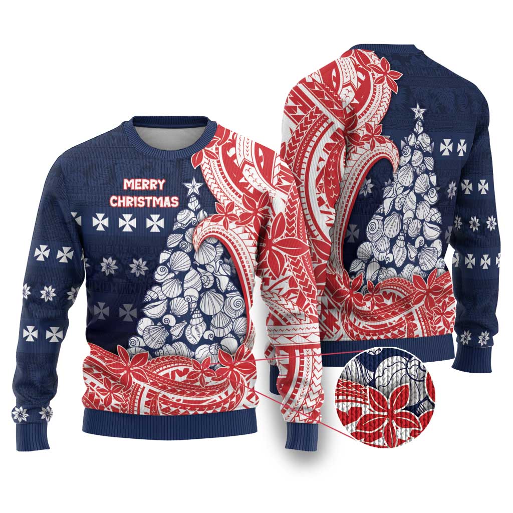 Wallis And Futuna Christmas Ugly Christmas Sweater Seashell Xmas Tree Tribal Waves - Polynesian Pride