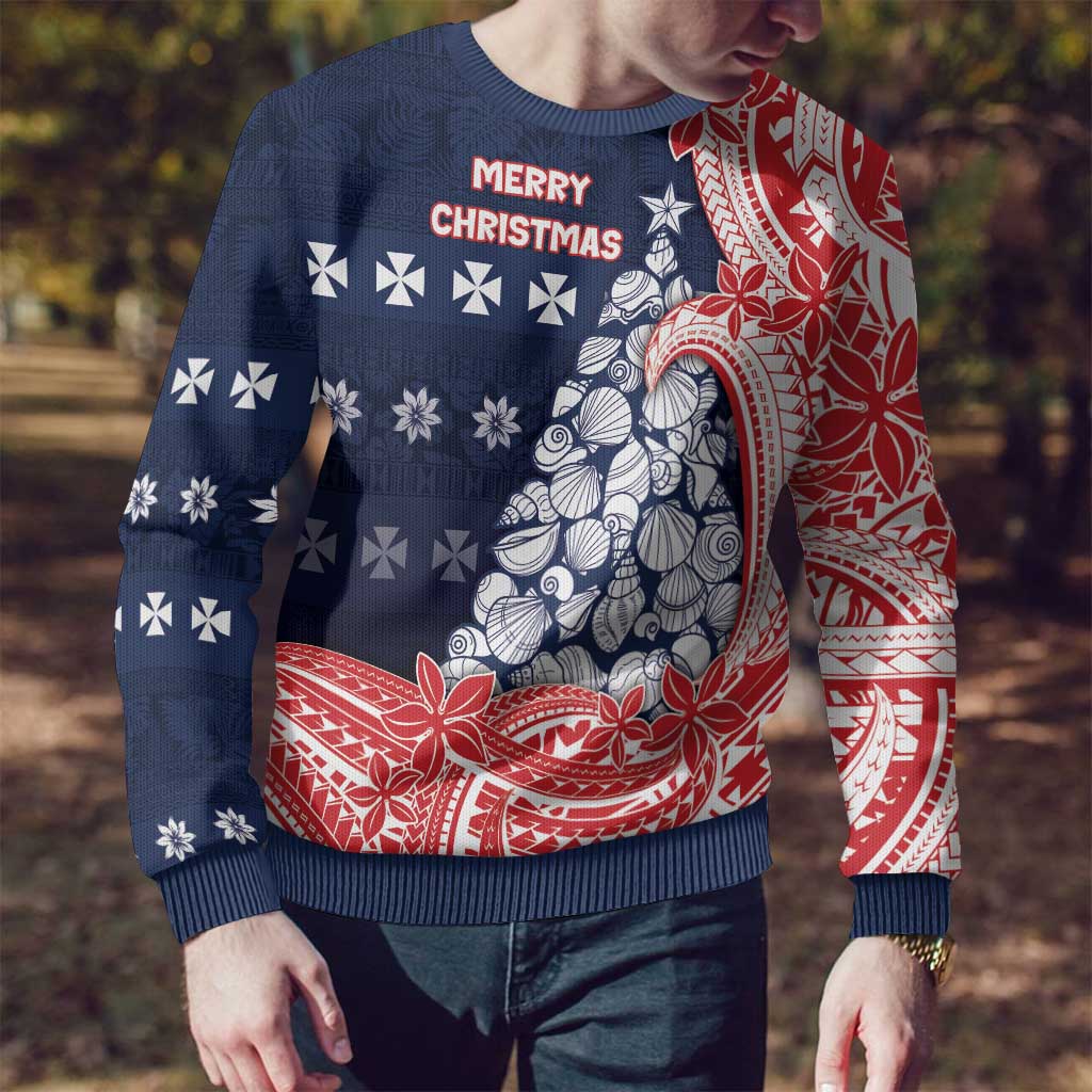 Wallis And Futuna Christmas Ugly Christmas Sweater Seashell Xmas Tree Tribal Waves - Polynesian Pride