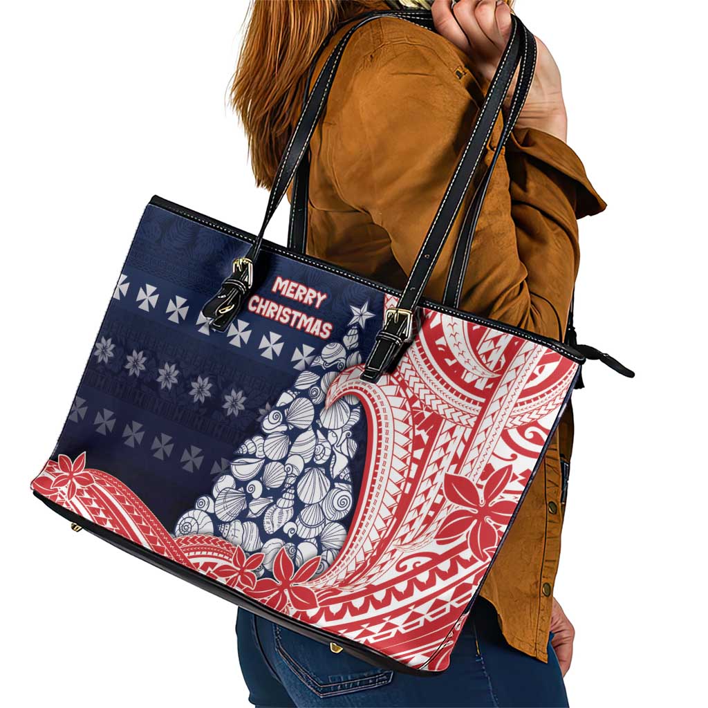 Wallis And Futuna Christmas Leather Tote Bag Seashell Xmas Tree Tribal Waves - Polynesian Pride