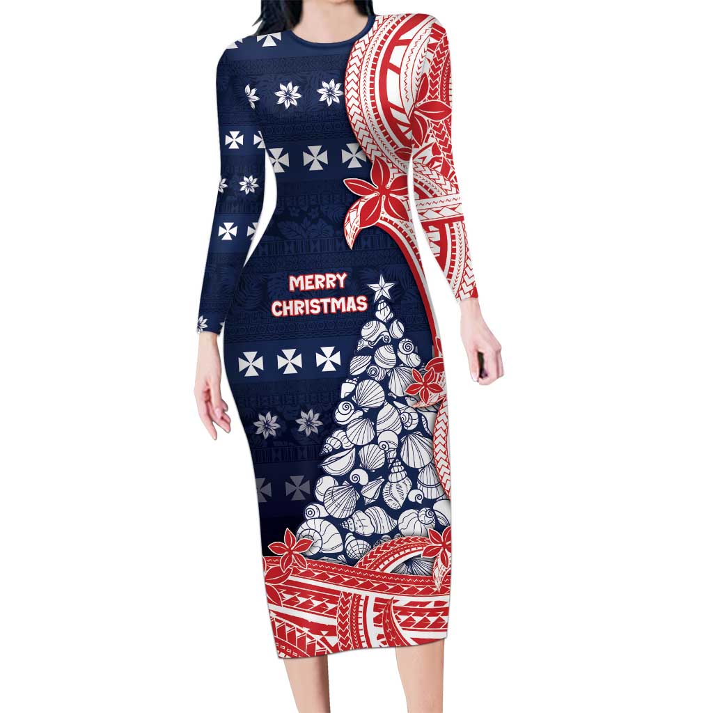 Wallis And Futuna Christmas Long Sleeve Bodycon Dress Seashell Xmas Tree Tribal Waves - Polynesian Pride