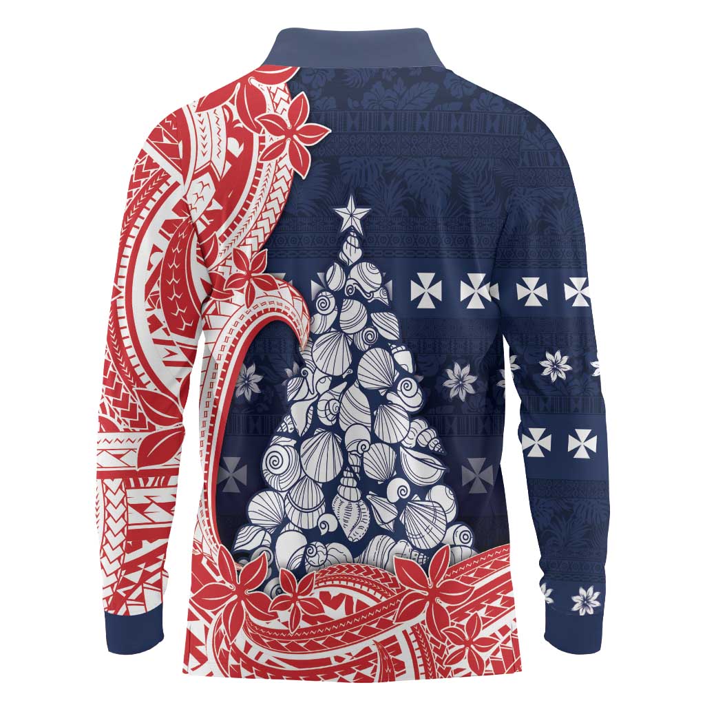 Wallis And Futuna Christmas Long Sleeve Polo Shirt Seashell Xmas Tree Tribal Waves - Polynesian Pride