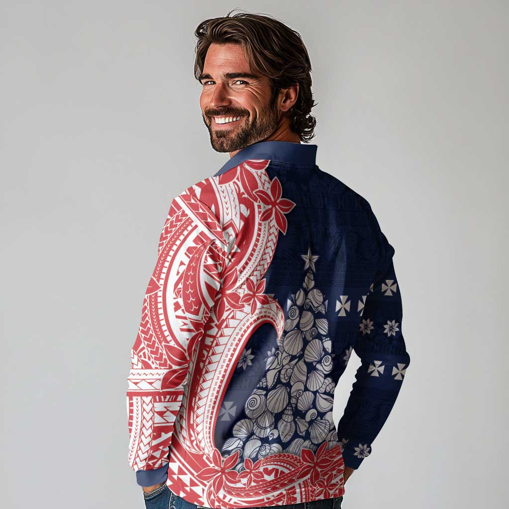 Wallis And Futuna Christmas Long Sleeve Polo Shirt Seashell Xmas Tree Tribal Waves - Polynesian Pride