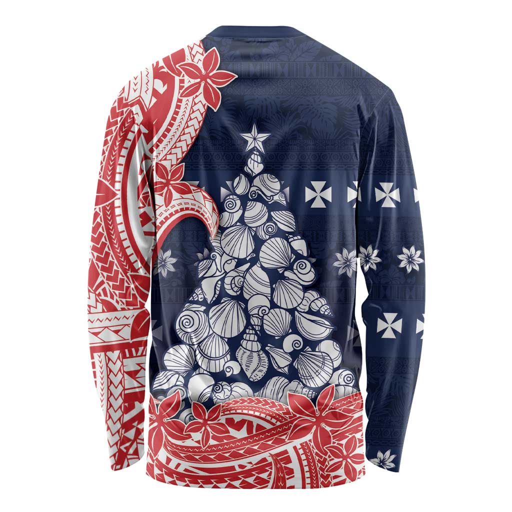 Wallis And Futuna Christmas Long Sleeve Shirt Seashell Xmas Tree Tribal Waves - Polynesian Pride