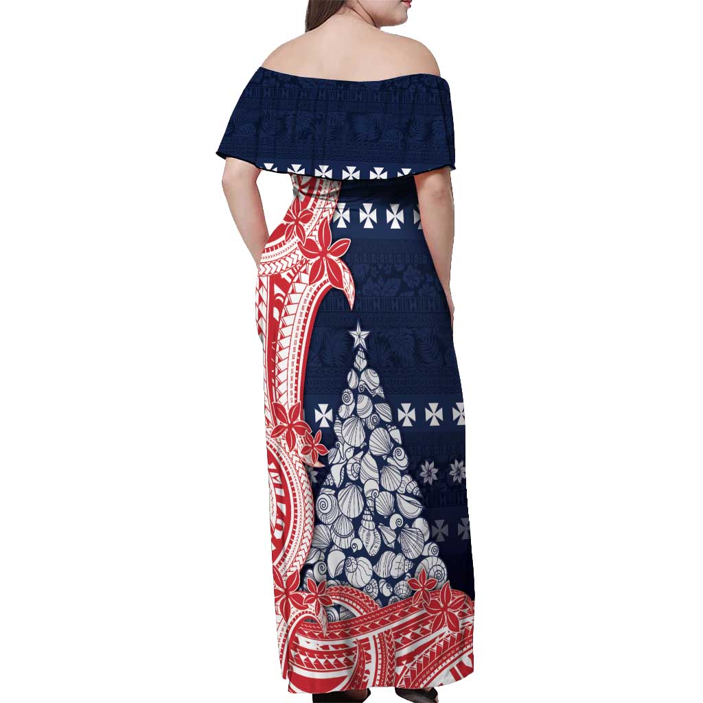 Wallis And Futuna Christmas Off Shoulder Maxi Dress Seashell Xmas Tree Tribal Waves - Polynesian Pride