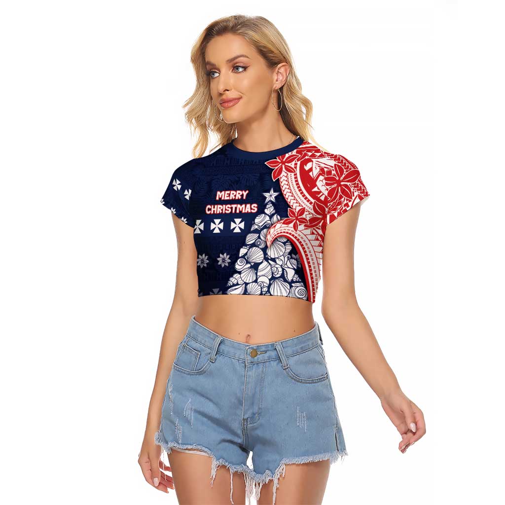 Wallis And Futuna Christmas Raglan Cropped T Shirt Seashell Xmas Tree Tribal Waves - Polynesian Pride