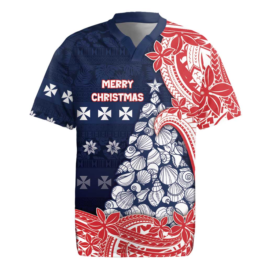 Wallis And Futuna Christmas Rugby Jersey Seashell Xmas Tree Tribal Waves - Polynesian Pride