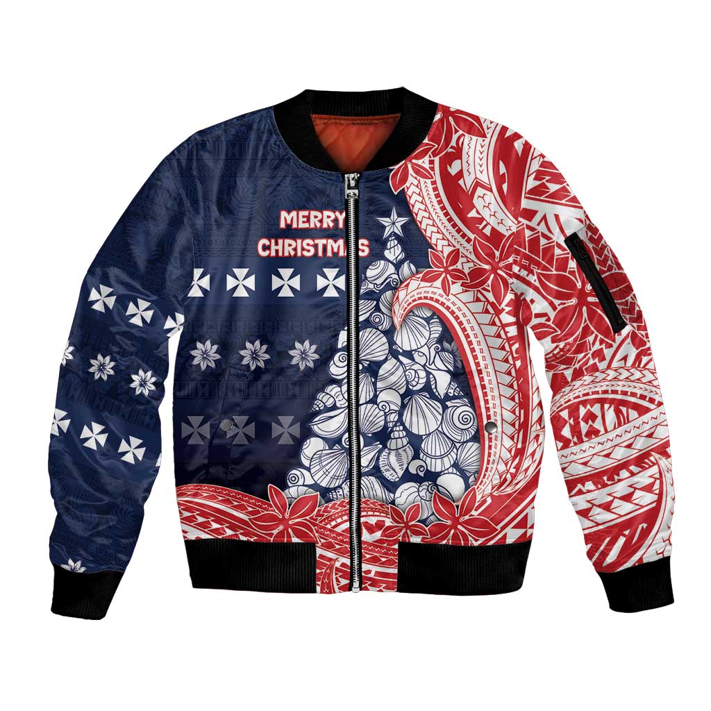 Wallis And Futuna Christmas Sleeve Zip Bomber Jacket Seashell Xmas Tree Tribal Waves - Polynesian Pride