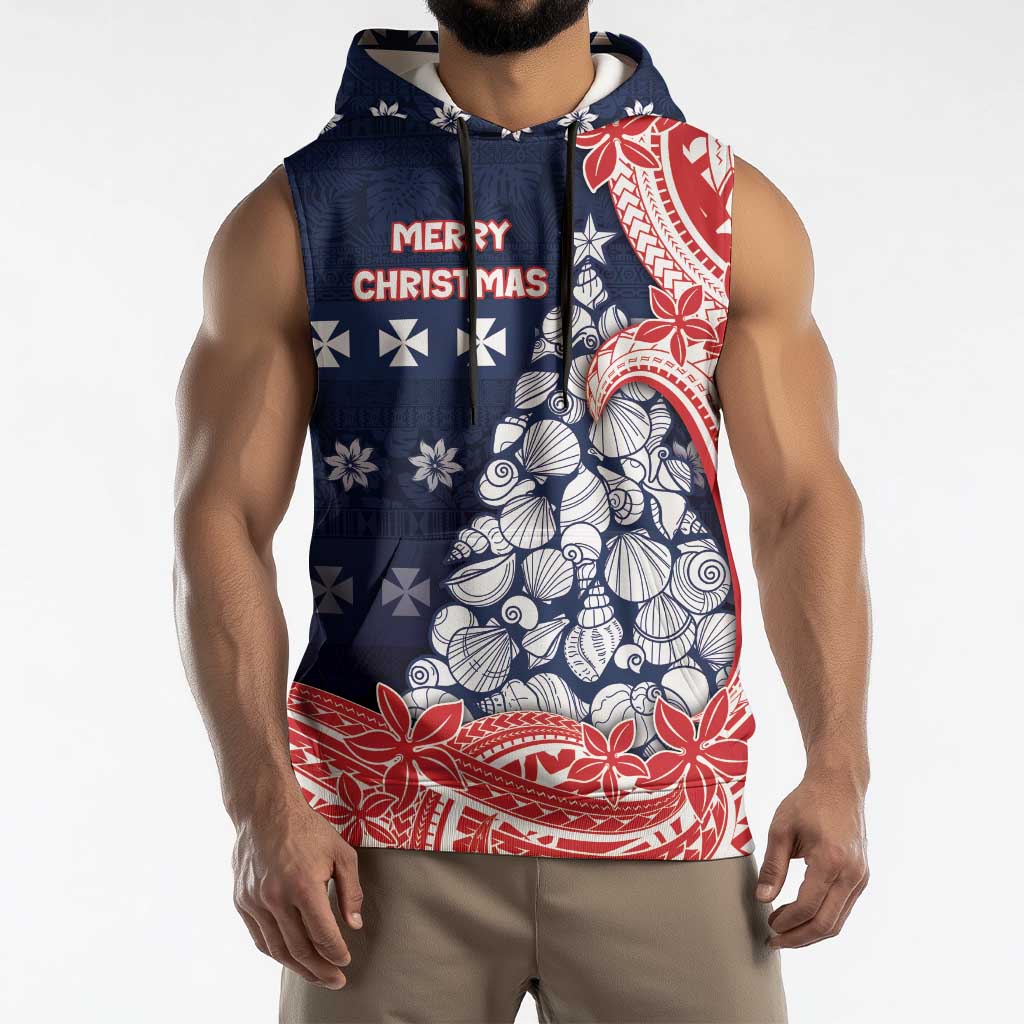 Wallis And Futuna Christmas Sleeveless Hoodie Seashell Xmas Tree Tribal Waves - Polynesian Pride