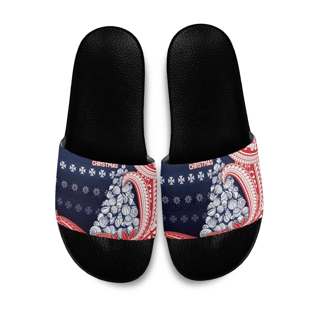 Wallis And Futuna Christmas Slide Sandals Seashell Xmas Tree Tribal Waves - Polynesian Pride