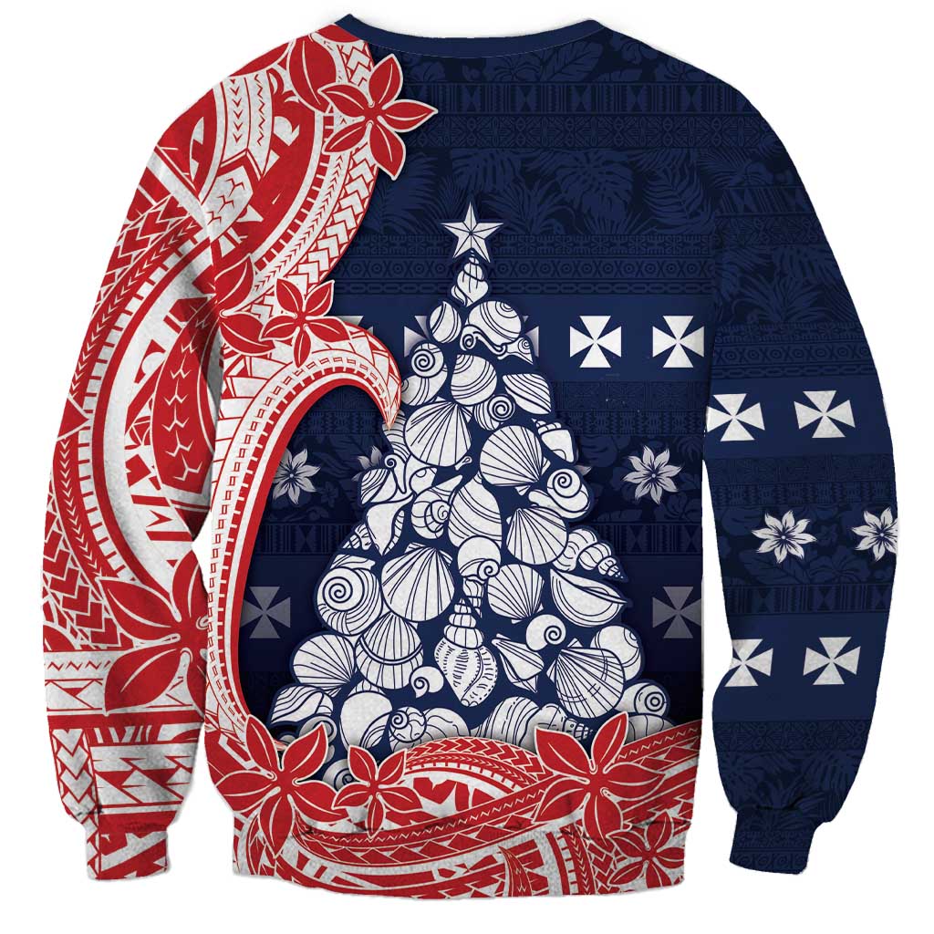 Wallis And Futuna Christmas Sweatshirt Seashell Xmas Tree Tribal Waves - Polynesian Pride