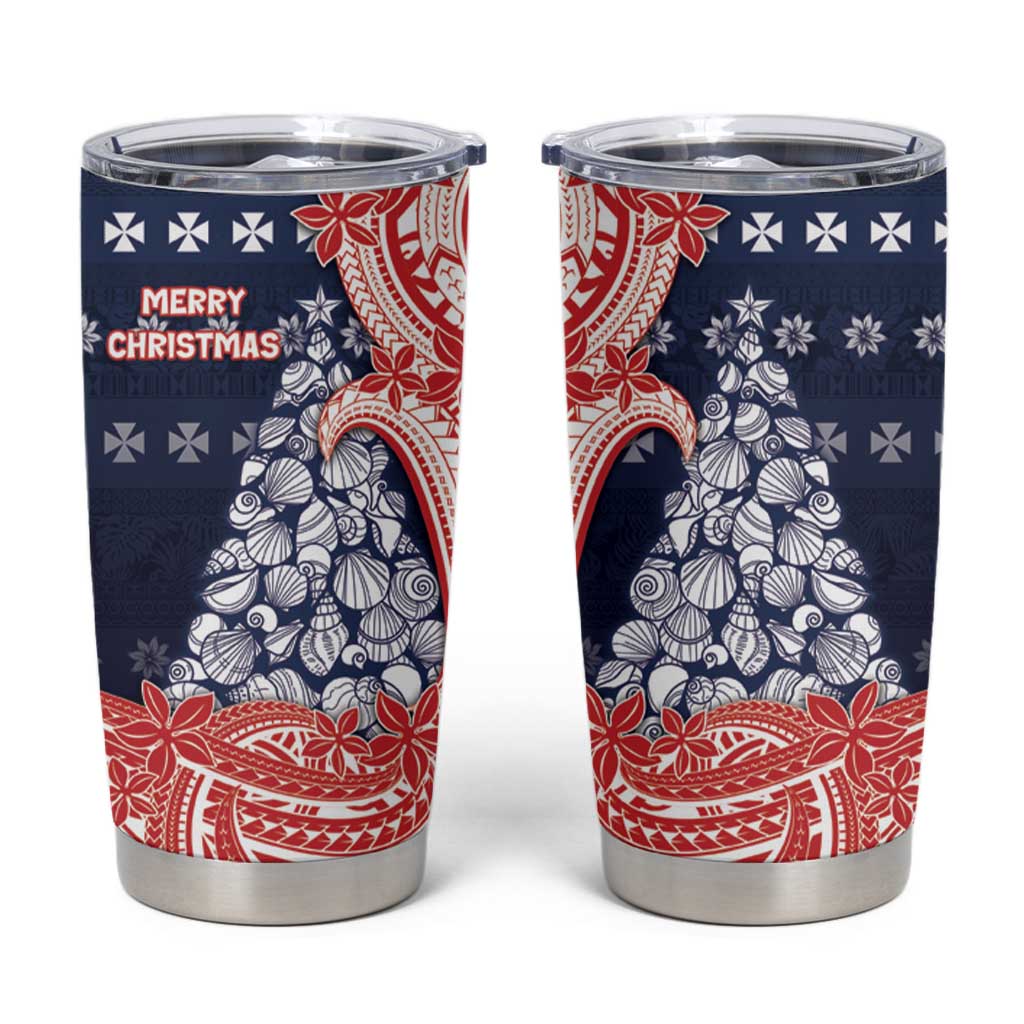 Wallis And Futuna Christmas Tumbler Cup Seashell Xmas Tree Tribal Waves - Polynesian Pride