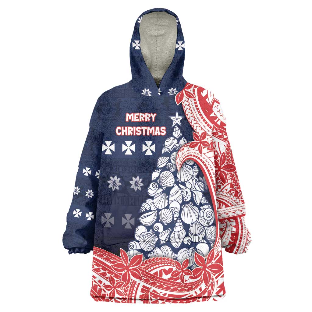 Wallis And Futuna Christmas Wearable Blanket Hoodie Seashell Xmas Tree Tribal Waves - Polynesian Pride