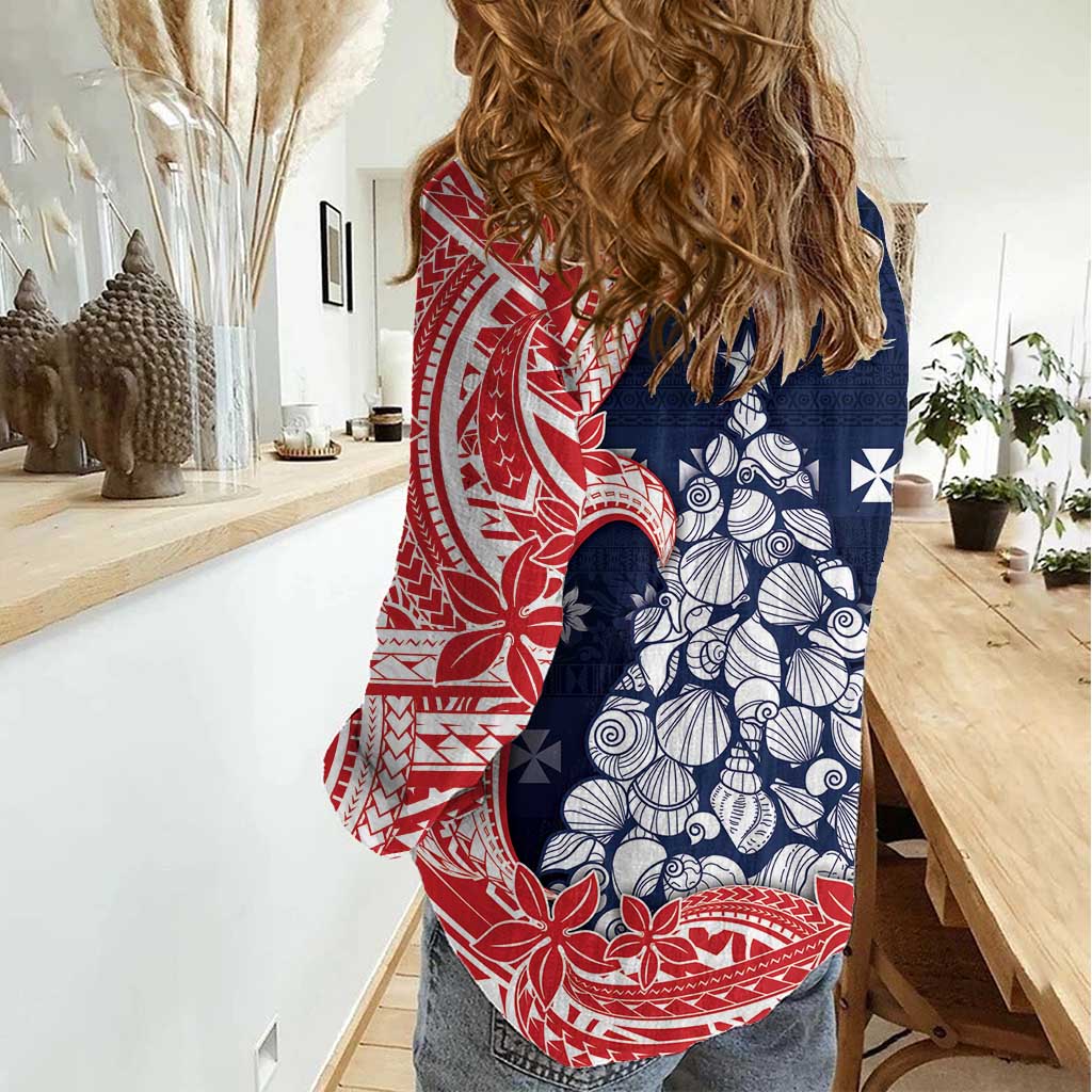 Wallis And Futuna Christmas Women Casual Shirt Seashell Xmas Tree Tribal Waves - Polynesian Pride