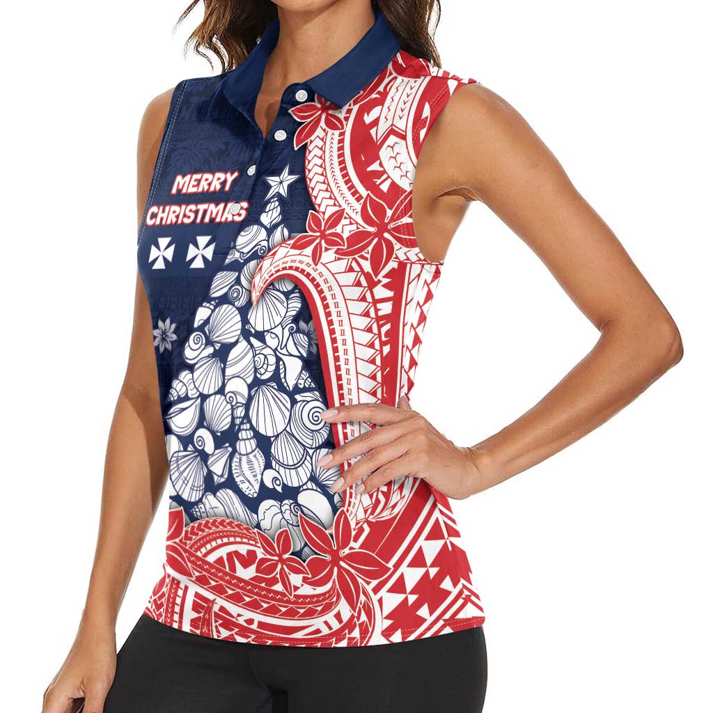 Wallis And Futuna Christmas Women Sleeveless Polo Shirt Seashell Xmas Tree Tribal Waves - Polynesian Pride