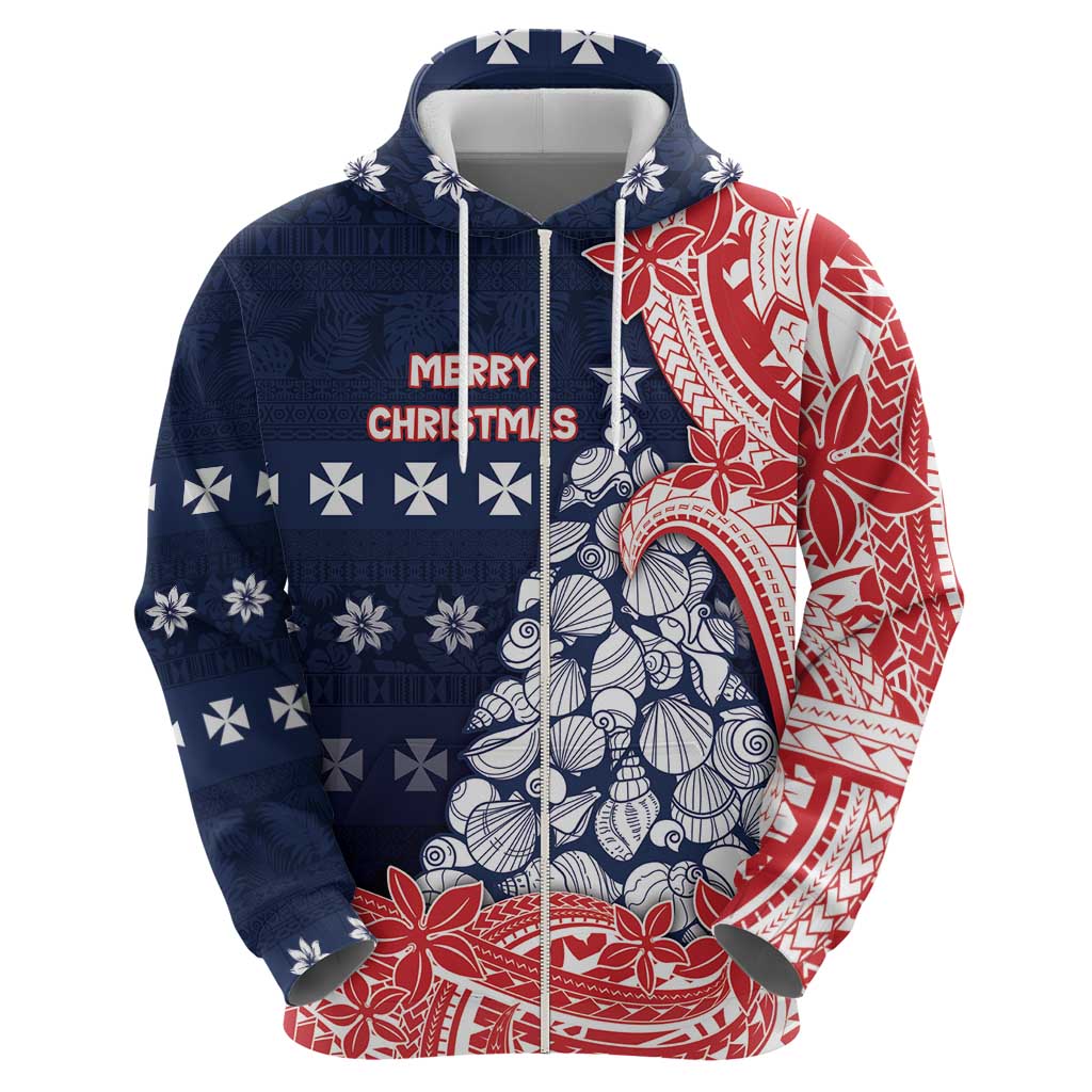 Wallis And Futuna Christmas Zip Hoodie Seashell Xmas Tree Tribal Waves - Polynesian Pride
