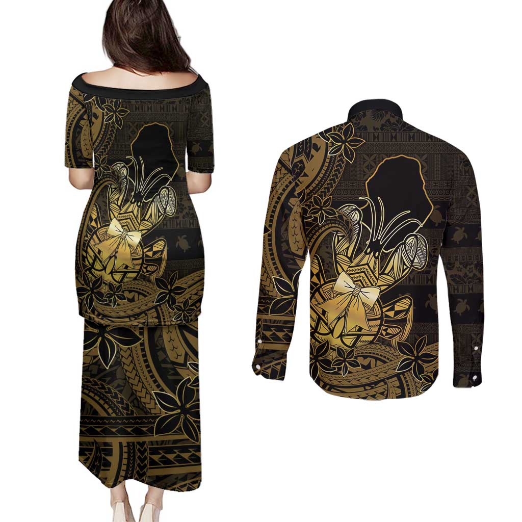 Niue Christmas Couples Matching Puletasi and Long Sleeve Button Shirt Niuean Crab Xmas Tribal Waves - Polynesian Pride