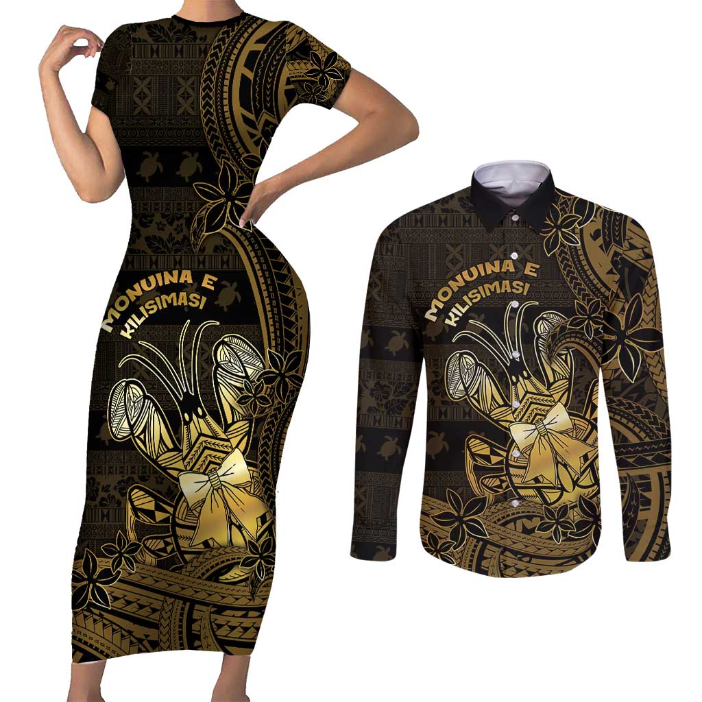 Niue Christmas Couples Matching Short Sleeve Bodycon Dress and Long Sleeve Button Shirt Niuean Crab Xmas Tribal Waves - Polynesian Pride