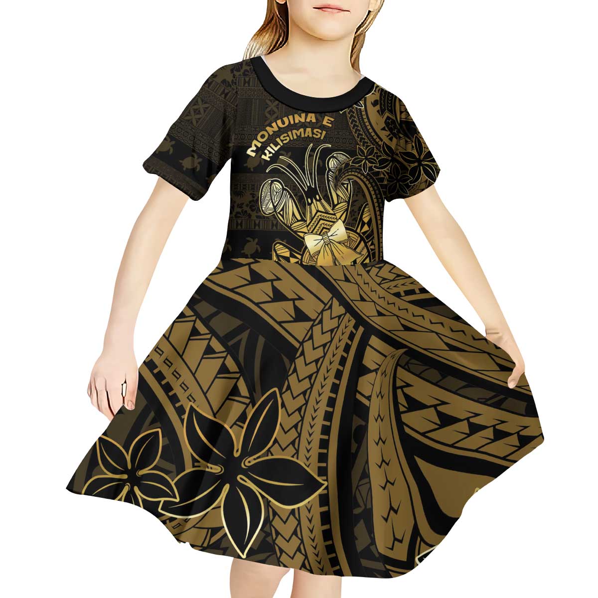 Niue Christmas Kid Short Sleeve Dress Niuean Crab Xmas Tribal Waves - Polynesian Pride